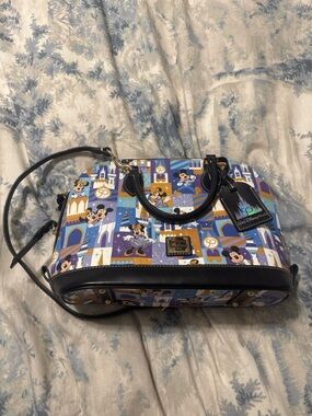 Dooney & Bourke Blue Multi Disney 50th Castle Print Satchel with Black Trim